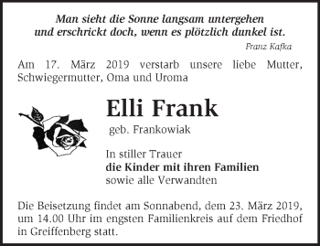 Traueranzeige von Elli Frank von Märkische Oderzeitung