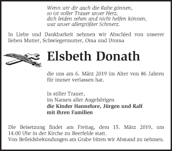 Traueranzeige von Elsbeth Donath von Märkische Oderzeitung