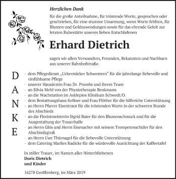 Traueranzeige von Erhard Dietrich von Märkische Oderzeitung