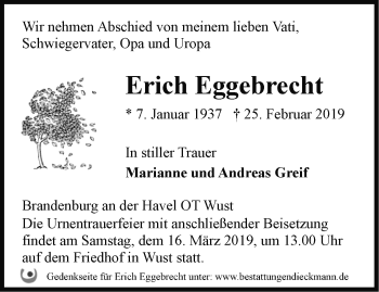 Traueranzeige von Erich Eggebrecht von Märkische Oderzeitung