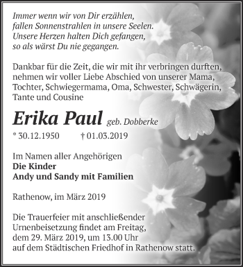 Traueranzeige von Erika Paul von Märkische Oderzeitung