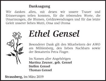 Traueranzeige von Ethel Gensel von Märkische Oderzeitung