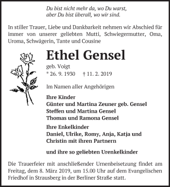 Traueranzeige von Ethel Gensel von Märkische Oderzeitung