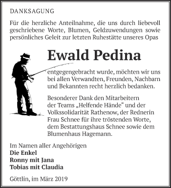 Traueranzeige von Ewald Pedina von Märkische Oderzeitung