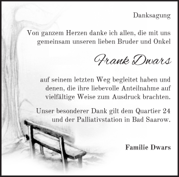 Traueranzeige von Frank Dwars von Märkische Oderzeitung