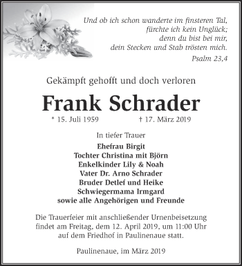 Traueranzeige von Frank Schrader von Märkische Oderzeitung