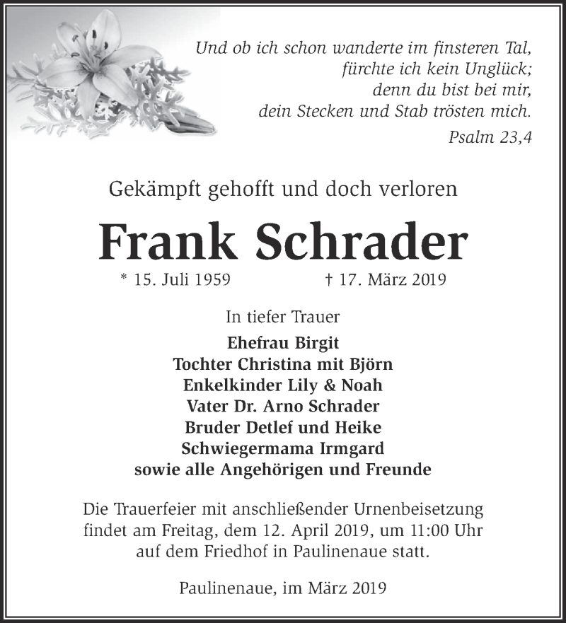  Traueranzeige für Frank Schrader vom 24.03.2019 aus Märkische Oderzeitung