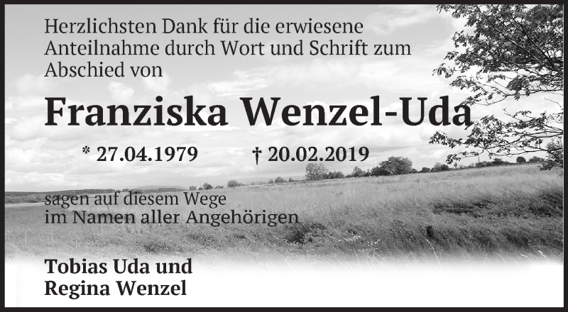  Traueranzeige für Franziska Wenzel-Uda vom 30.03.2019 aus Märkische Oderzeitung