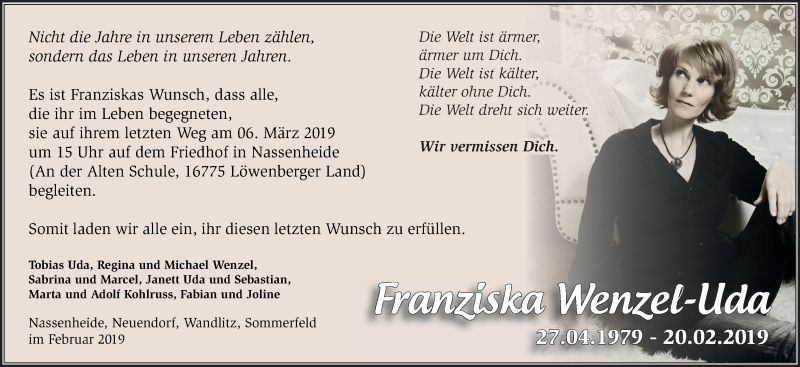  Traueranzeige für Franziska Wenzel-Uda vom 02.03.2019 aus Märkische Oderzeitung
