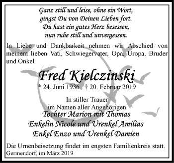 Traueranzeige von Fred Kielczinski von Märkische Oderzeitung