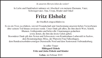 Traueranzeige von Fritz Elsholz von Märkische Oderzeitung