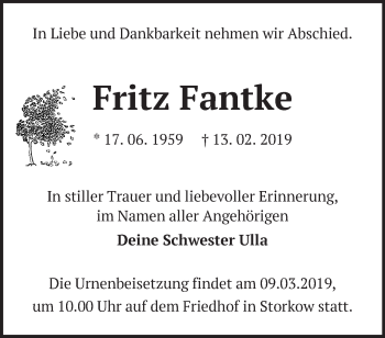 Traueranzeige von Fritz Fantke von Märkische Oderzeitung