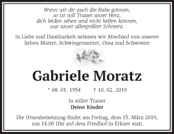 Traueranzeige von Gabriele Moratz von Märkische Oderzeitung