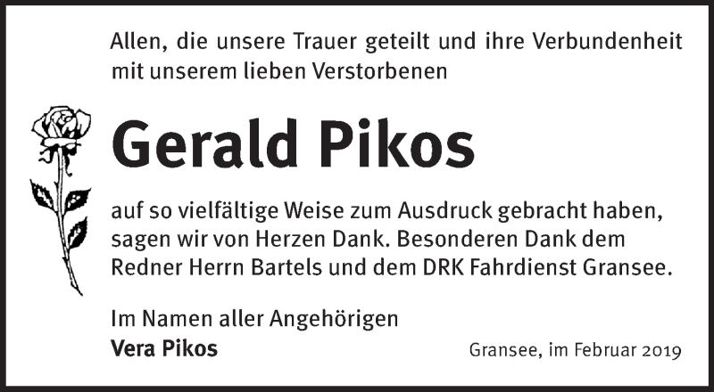  Traueranzeige für Gerald Pikos vom 02.03.2019 aus Märkische Oderzeitung
