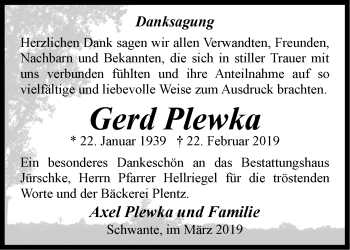 Traueranzeige von Gerd Plewka von Märkische Oderzeitung