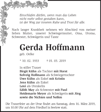 Traueranzeige von Gerda Hoffmann von Märkische Oderzeitung