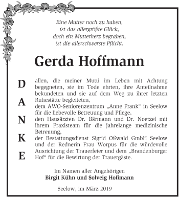 Traueranzeige von Gerda Hoffmann von Märkische Oderzeitung