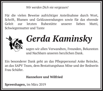 Traueranzeige von Gerda Kaminsky von Märkische Oderzeitung