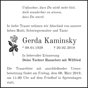 Traueranzeige von Gerda Kaminsky von Märkische Oderzeitung