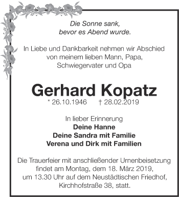 Traueranzeige von Gerhard Kopatz von Märkische Oderzeitung
