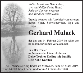 Traueranzeige von Gerhard Mulack von Märkische Oderzeitung