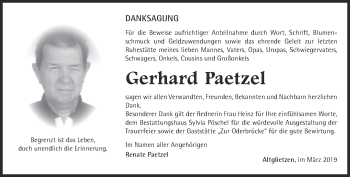 Traueranzeige von Gerhard Paetzel von Märkische Oderzeitung