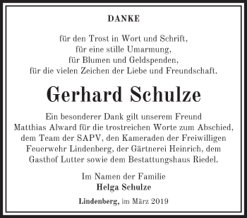 Traueranzeige von Gerhard Schulze von Märkische Oderzeitung