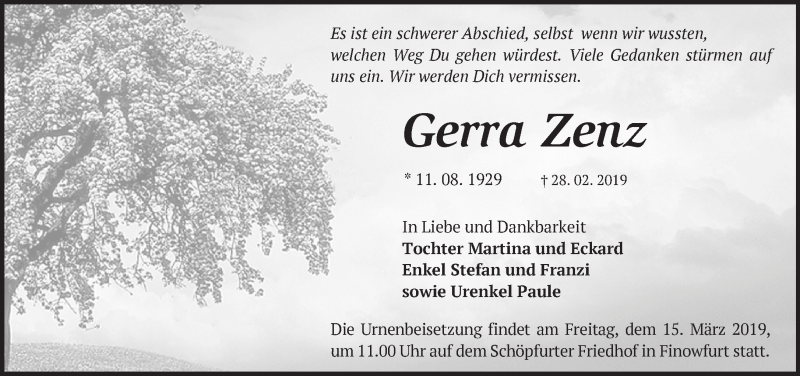  Traueranzeige für Gerra Zenz vom 10.03.2019 aus Märkische Oderzeitung