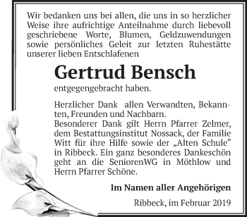 Traueranzeige von Gertrud Bensch von Märkische Oderzeitung