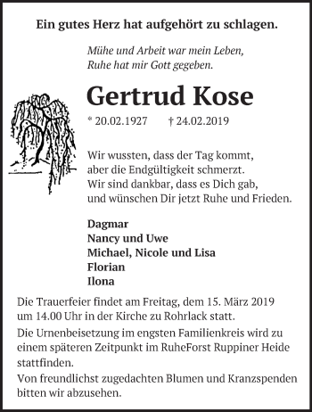 Traueranzeige von Gertrud Kose von Märkische Oderzeitung