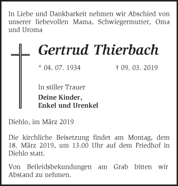 Traueranzeige von Gertrud Thierbach von Märkische Oderzeitung