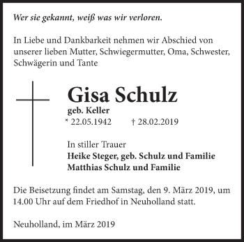 Traueranzeige von Gisa Schulz von Märkische Oderzeitung