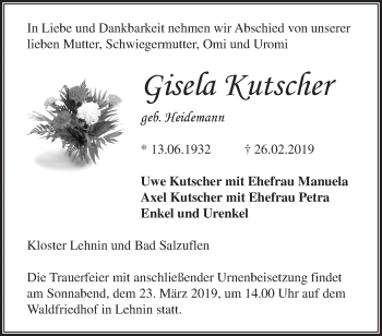 Traueranzeige von Gisela Kutscher von Märkische Oderzeitung
