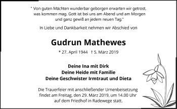 Traueranzeige von Gudrun Mathewes von Märkische Oderzeitung