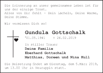 Traueranzeige von Gundula Gottschalk von Märkische Oderzeitung
