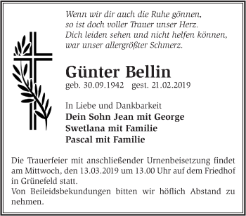 Traueranzeige von Günter Bellin von Märkische Oderzeitung