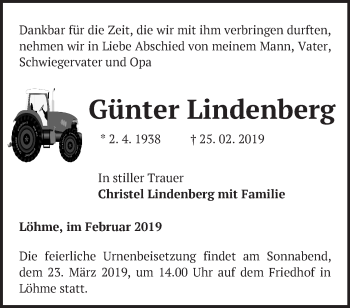 Traueranzeige von Günter Lindenberg von Märkische Oderzeitung