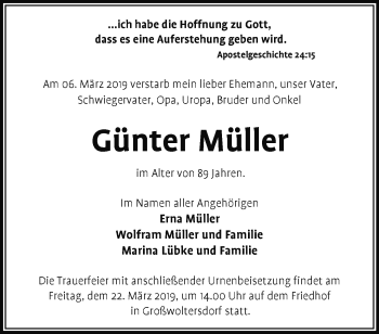 Traueranzeige von Günter Müller von Märkische Oderzeitung