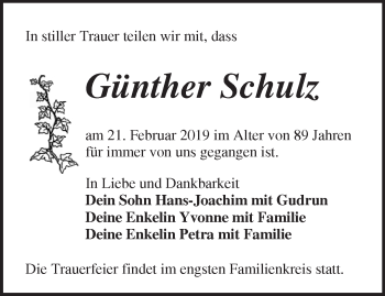 Traueranzeige von Günther Schulz von Märkische Oderzeitung