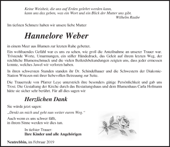 Traueranzeige von Hannelore Weber von Märkische Oderzeitung