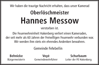 Traueranzeige von Hannes Messow von Märkische Oderzeitung