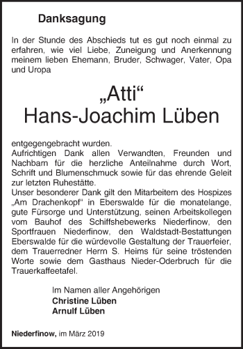 Traueranzeige von Hans-Joachim Lüben von Märkische Oderzeitung