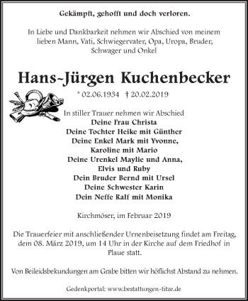 Traueranzeige von Hans-Jürgen Kuchenbecker von Märkische Oderzeitung