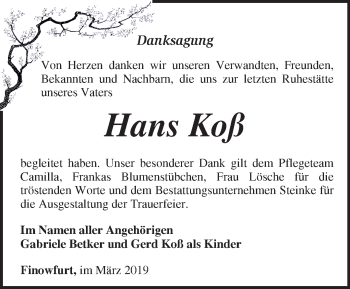 Traueranzeige von Hans Koß von Märkische Oderzeitung