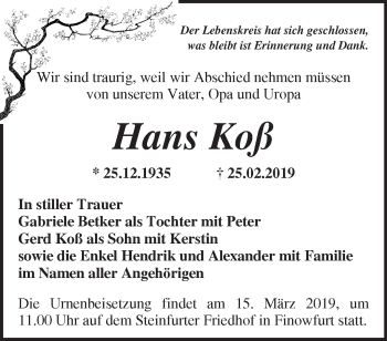 Traueranzeige von Hans Koß von Märkische Oderzeitung