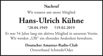 Traueranzeige von Hans-Ulrich Kühne von Märkische Oderzeitung