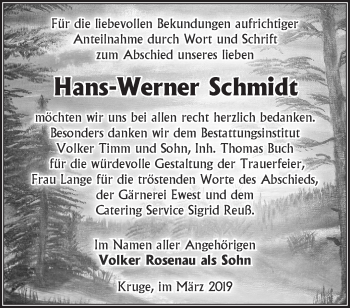 Traueranzeige von Hans-Werner Schmidt von Märkische Oderzeitung