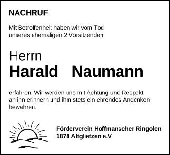Traueranzeige von Harald Naumann von Märkische Oderzeitung