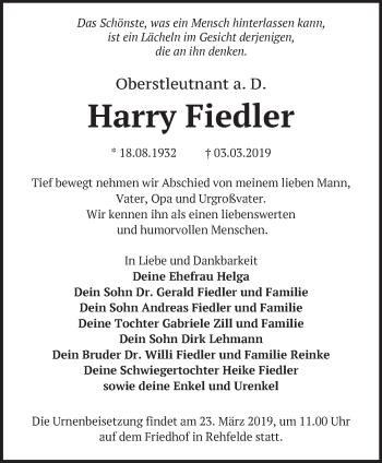 Traueranzeige von Harry Fiedler von Märkische Oderzeitung