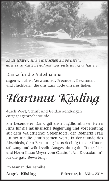 Traueranzeige von Hartmut Kösling von Märkische Oderzeitung